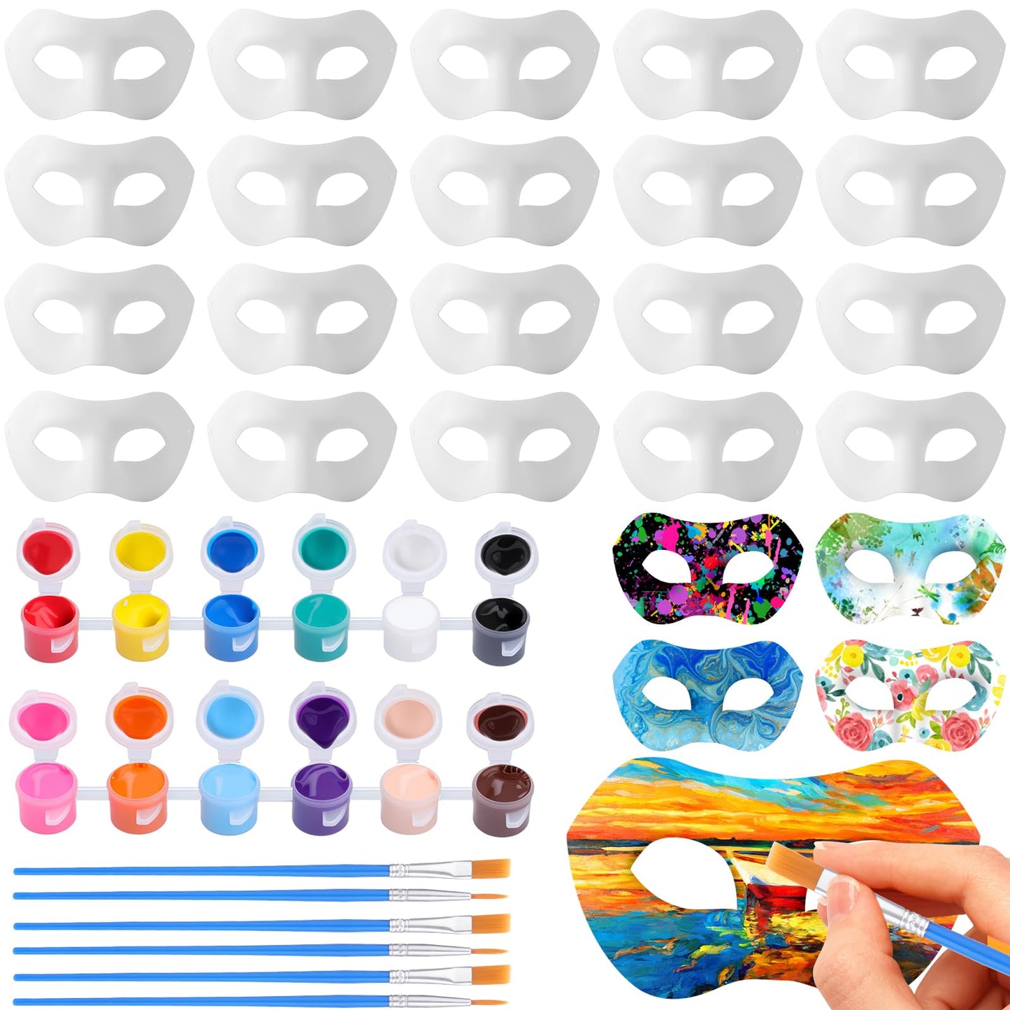 Tisancy 24 Pack White Paper Mask Half Face Masquerade Mask DIY with 12 Colors Acrylic Paint and Brushes Paper for Prom Prom(Acrylic Paint)