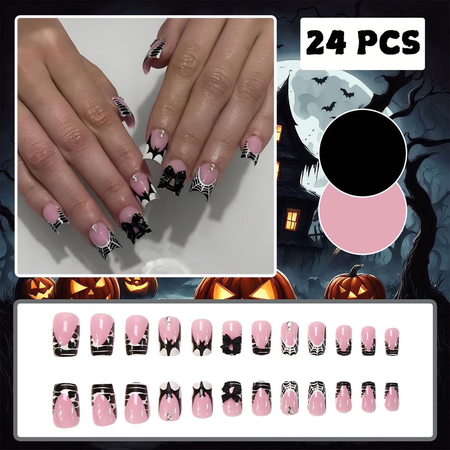 Halloween French Spider Web Press on Nails Medium Square Fake Nails Bat with Rhinestone Charms Designs False Nails 3D Black Bow French Tips Acrylic Glue on Nails for Women Manicure Decoration 24Pcs