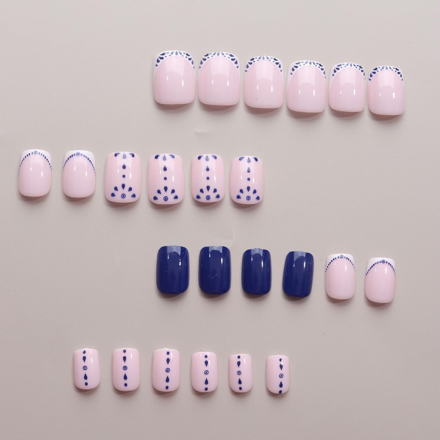 Short Press on Nails Square - Blue Fake Nails with Sun Pattern Design French Tip Full Cover Stick on False Nails for Women Fall Manicure 24 Pcs