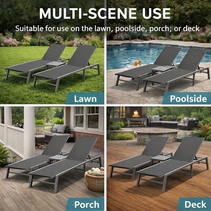 Kozyard 2-Pack Outdoor Lounge Chairs, Foldable Aluminum Frame Patio Chaise Lounge with 5-Position Adjustable Backrest, Assemble-Free, Breathable Textilene Fabric for Poolside Beach (Gray, Notable)