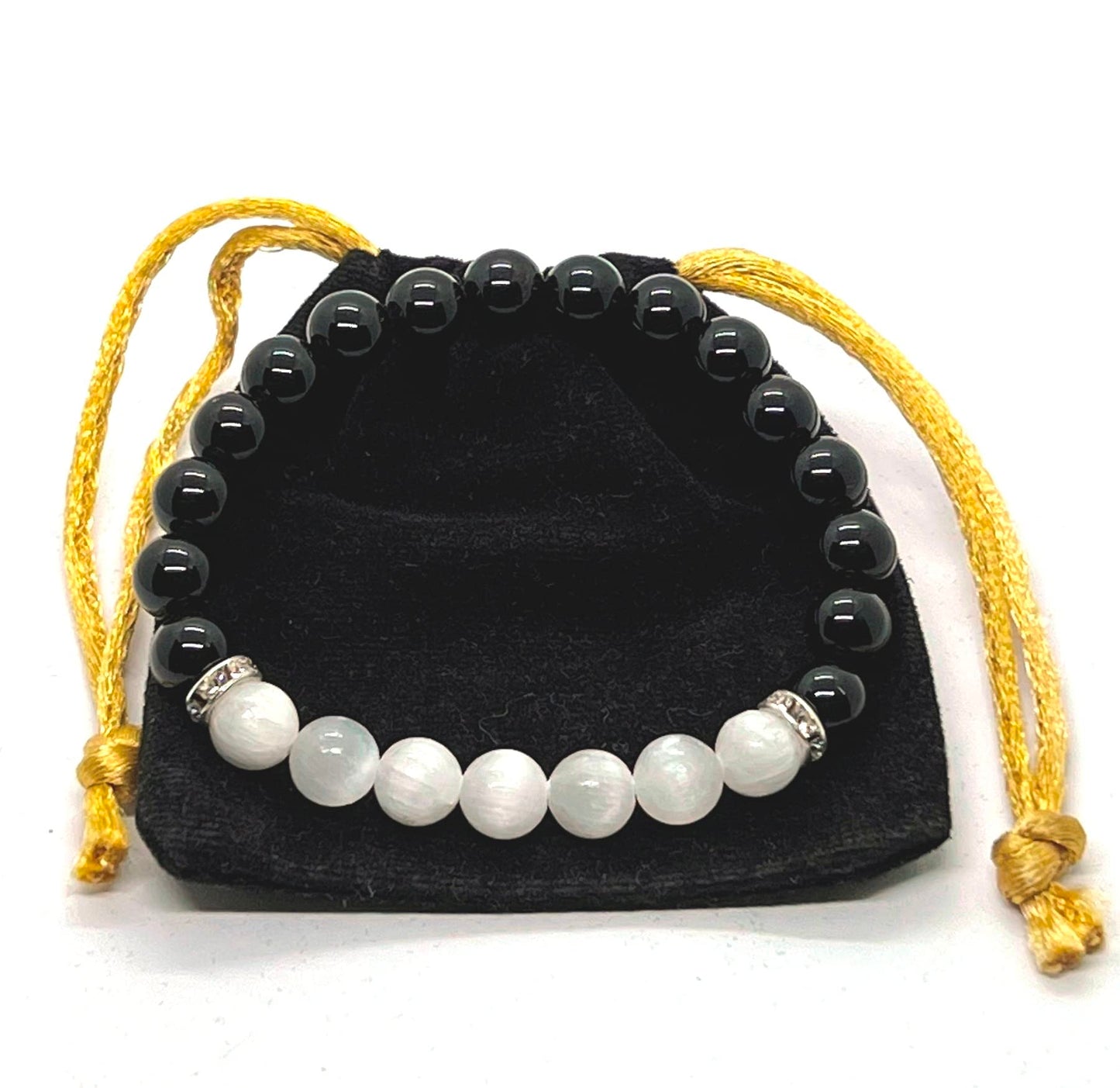 GEMSCITE Natural Black Obsidian and Selenite Crystal Bracelet for Chakra Healing & Energy Balancing
