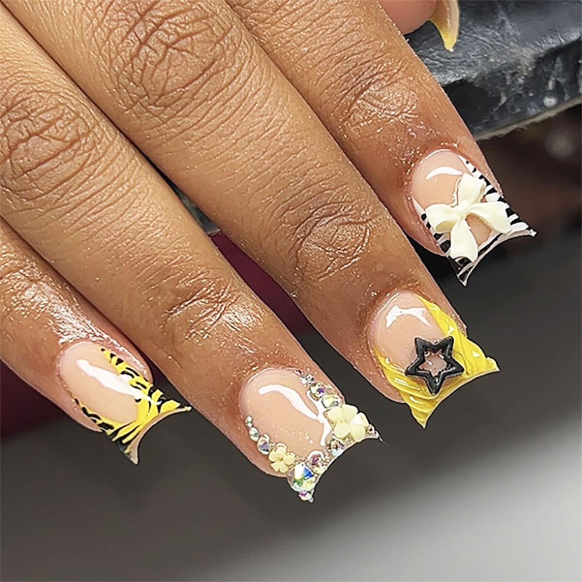 Medium Square Press on Nails, French Tip Fake Nails with Zebra Print & 3D Bow Star Rhinestone Designs Acrylic Nails Press ons Glossy Full Cover Glue on Nail for Women, Summer Manicure, 24Pcs
