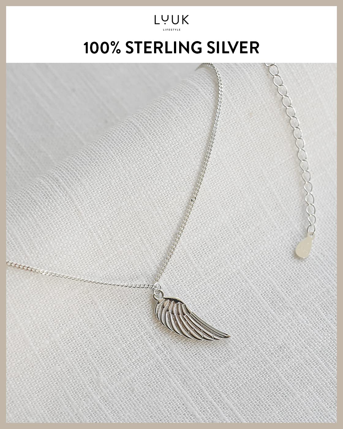 LUUK LIFESTYLE Necklace in 925 sterling silver with angel wings pendant and HAPPINESS gift card, travel lucky charm, women's jewelry, 19” chain length, women's accessories, friend, silver