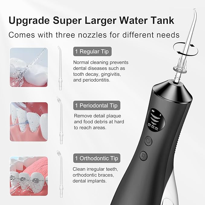 Water Dental Flosser for Teeth, Portable Cordless Water Flosser with 300ML Rechargeable with Type-C, IPX7 Waterproof Water Flossers for Adults with 3 Intensity Modes and 3 Flossing Tips Dark