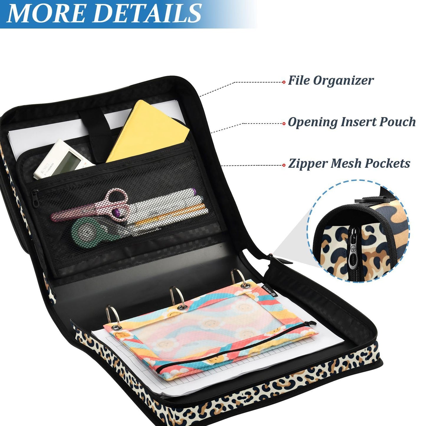 ALAZA Zipper Binder 3 Ring Abstract Leopard Print Cheetah Binder Organizer with Zipper and Shoulder Strap Large Capacity Multi-Pocket Trapper Keeper File Folder for Office Supplies