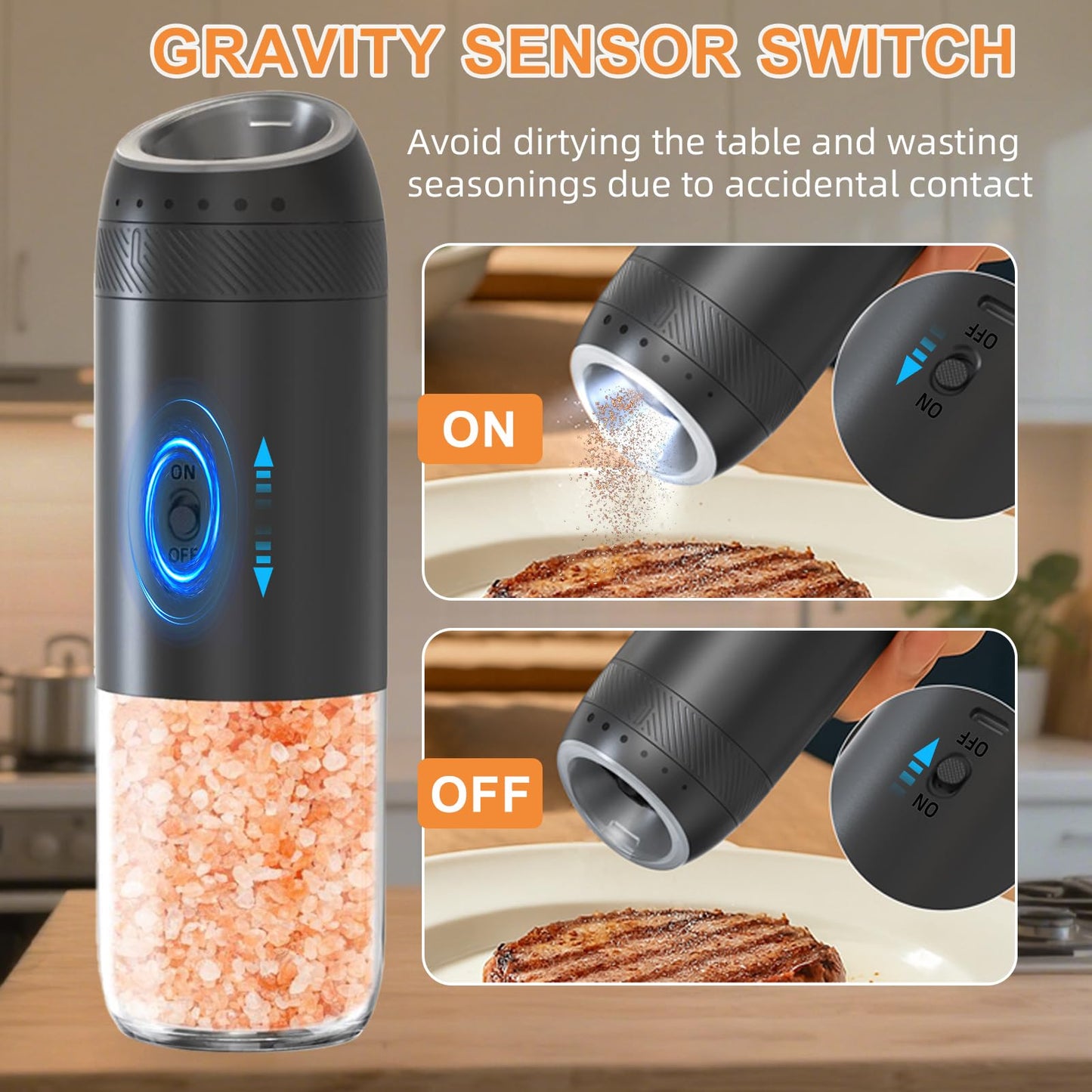Gravity Electric Salt and Pepper Grinder Set Rechargeable, External Adjustable Coarseness, Automatic Salt and Pepper Shakers Mill with LED Light, 6oz/176ml Large Capacity, House Warming Gifts (2 Pack)