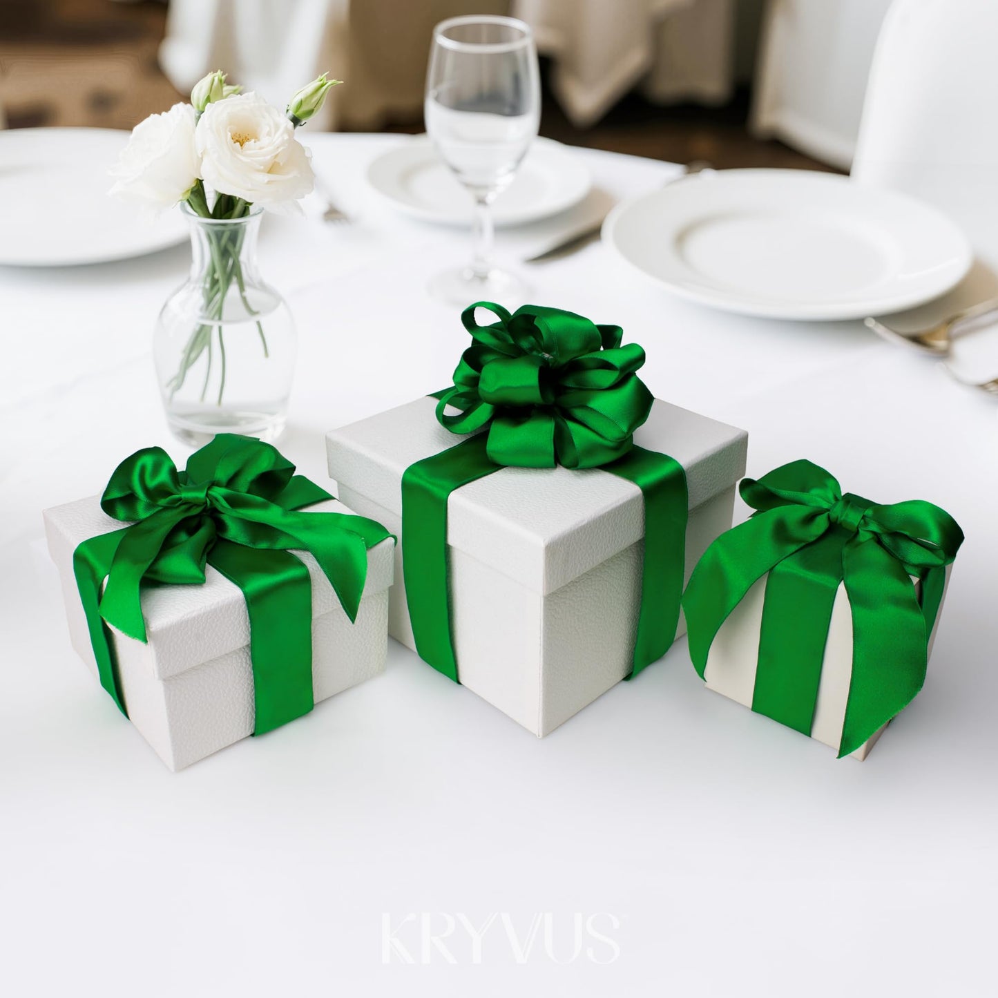 Kryvus Emerald Green Satin Wired Ribbon, 1.5 inch X Continuous 10 Yards Luxury Double Faced Satin Wire Edge Ribbon for Gift Wrapping, Wreaths, Flower Bouquet, Wedding Decorations, Home Decor