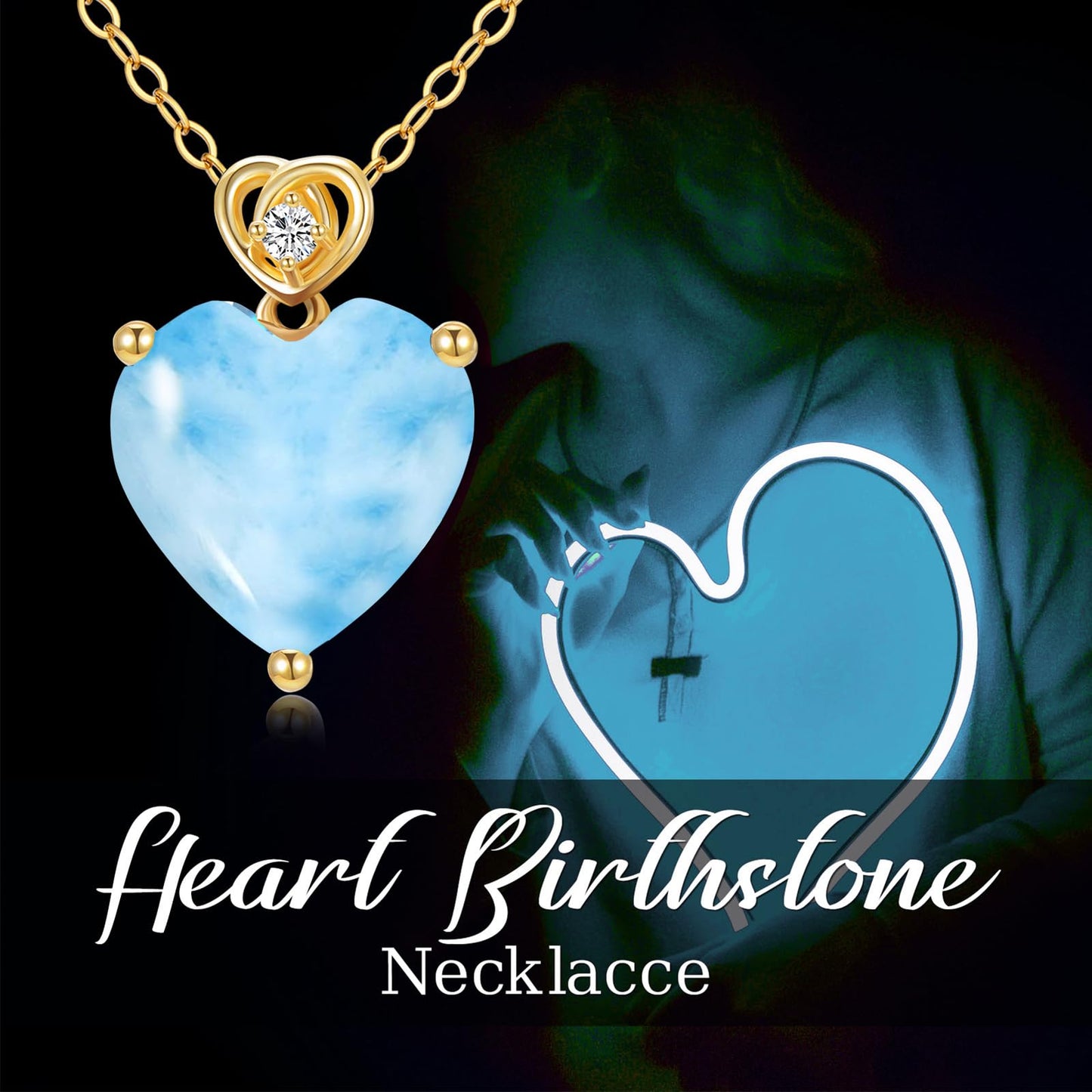 NFYBD 14k Gold Love Heart Larimar Birthstone Pendant Necklace for Women 3 Carat Heart-cut Created Gemstone Anniversary Birthday Mother's Day Necklaces for Her 16+1+1 inch