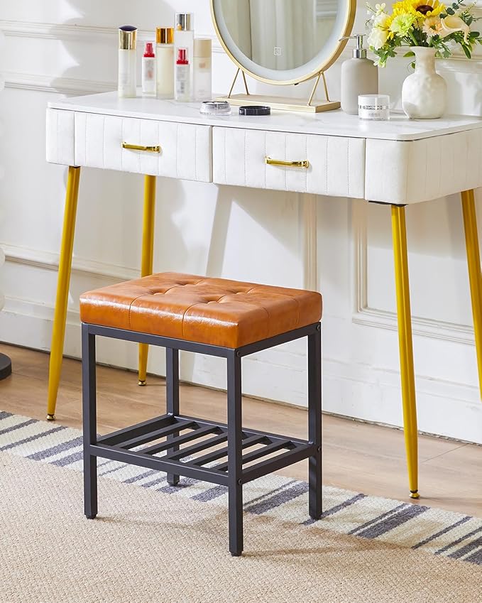 IBUYKE Rectangular Makeup Stool with Adjustable Feet and Storage Space, Footrest Chair, PU Vanity Seat, Multi-Use as Small Side Table or Ottoman, for Bedroom, Light Brown WBD017J