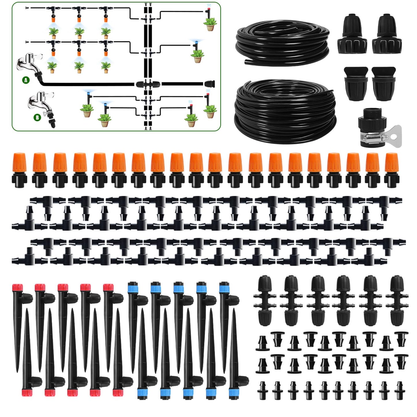 260 FT Drip Irrigation System Kit, Automatic Garden Watering System with 2/5" & 1/4" Tube for Greenhouse, Lawn, Raised Bed, Micro Misting Plant Sprinkler System, Adjustable Drip Emitters
