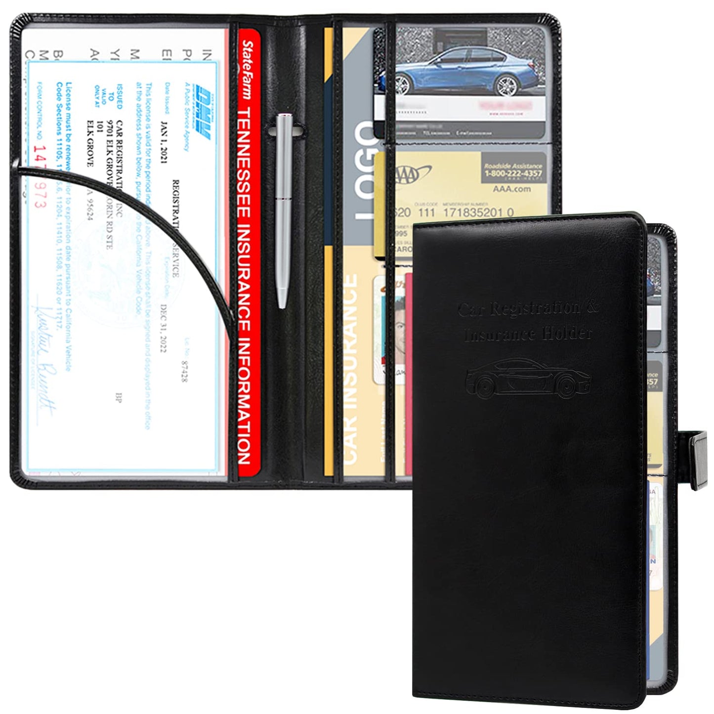 RSAquar Car Registration and Insurance Holder, Leather Car Glove Box Organizer, Cool Car Accessories for ID, Driver's License Cards & Essential Document, Men&Women, Black