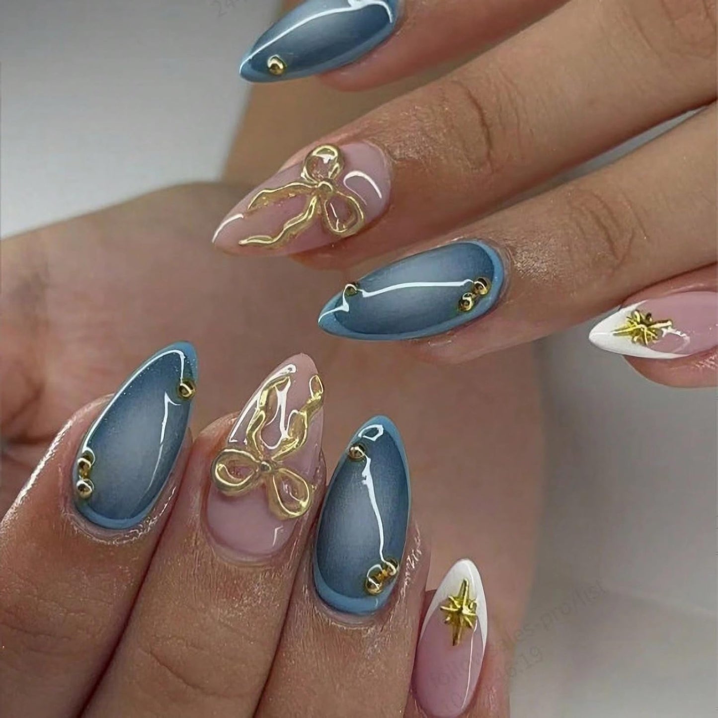 MISUD Press on Nails - Medium Almond Fake Nails with Handmade Gold Charms, Acrylic Blue Ombre Design 24 pcs