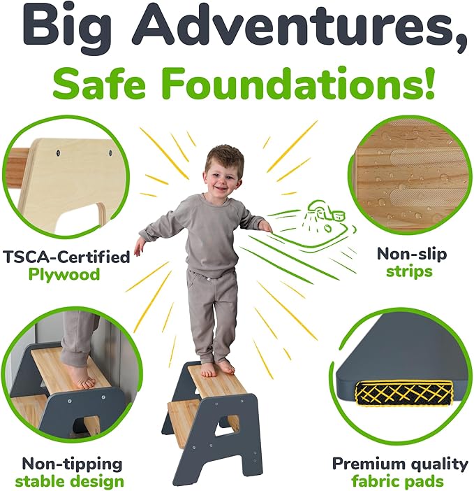 OCODILE 2-Step Wooden Step Stool for Toddlers | Kids Stool for Bathroom Sink & Kitchen Use | Non-Slip Step | Wooden Stool for Children Ages 2+ Years Gray