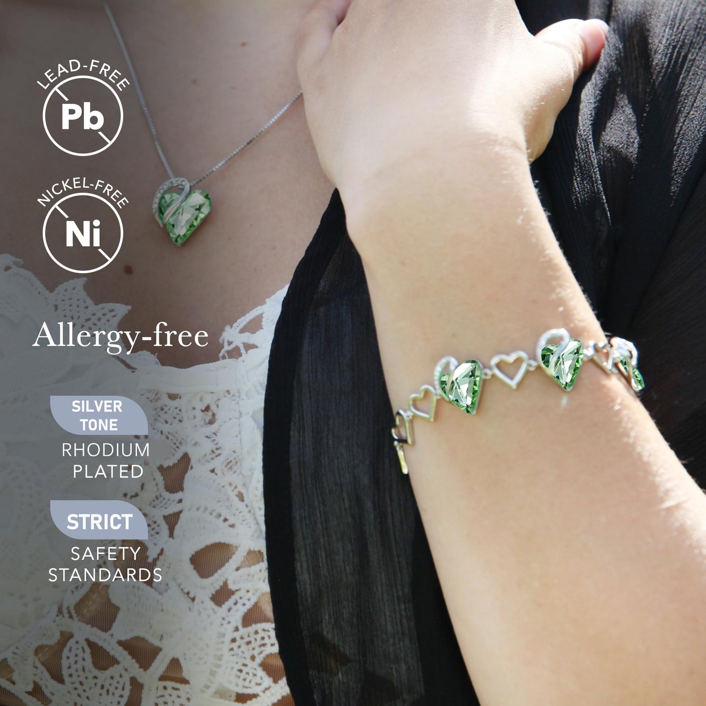 Leafael Infinity Love Heart Gift Bracelet for Women, August Birthstone Crystal, Light Chrysolite Green, Silver Tone, 7-inch Chain and 2-inch Extender