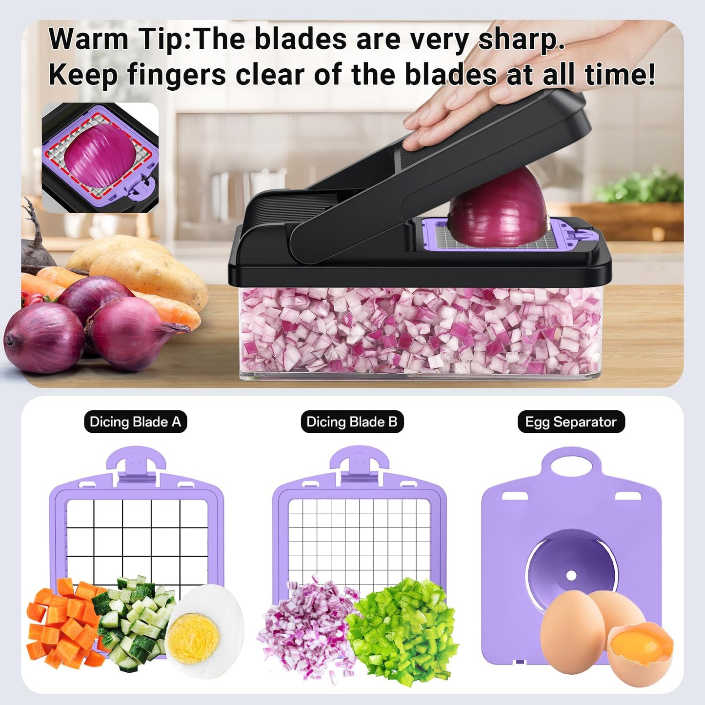 SpaceHacks 12-in-1 Vegetable Chopper, Kitchen Gadgets with 7 Blades, Veggie, Food, Onion Chopper, Cucumber Slicer, Versatile Mandoline, Includes Egg Separator & Finger Guard, Purple