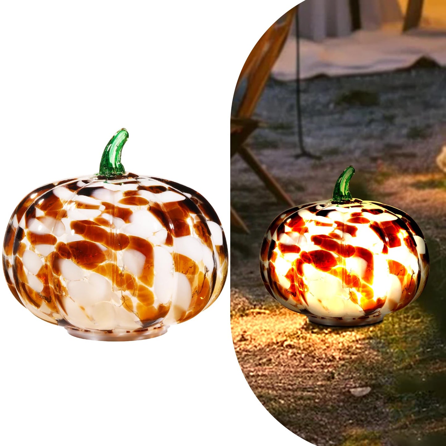 Naboher Handcrafted Glass Pumpkin with Warm LED Lights - Halloween & Thanksgiving Decor, Gift-Worthy Fall Home Decoration, 5.9-Inch Light-Up Tabletop Centerpiece (Green Leaf Coffee and Purple)