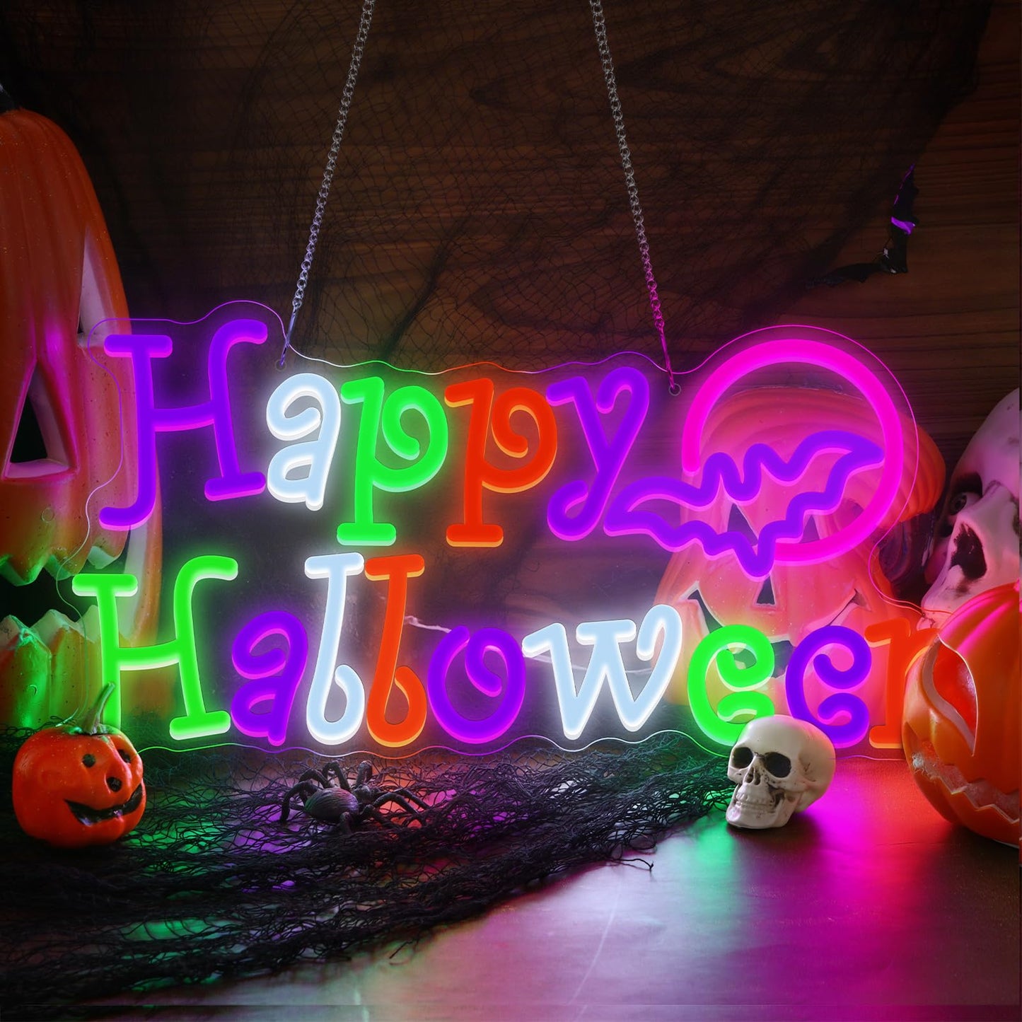 Mudder Happy Halloween Neon Sign for Wall Decor Neon Wall Lighted Sign Outdoor for Present Bedroom Home Bar Halloween Party Decor Bat Shape Cave Bedroom Party Backdrop