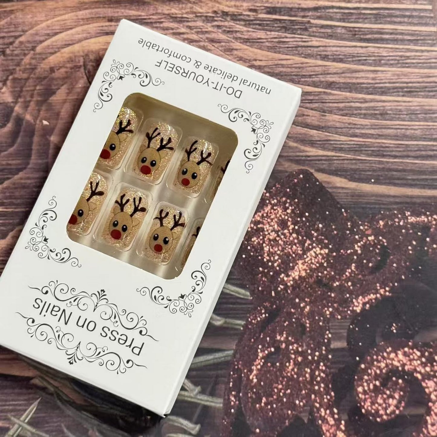 Christmas Press on Nail Short Square Fake Nails Full Cover Gold Glitter Acrylic Artificial with Cute Deer design Stick on Nail Glossy Reusable Xmas False Nails Gel Glue on Nails for Women Holiday24pcs