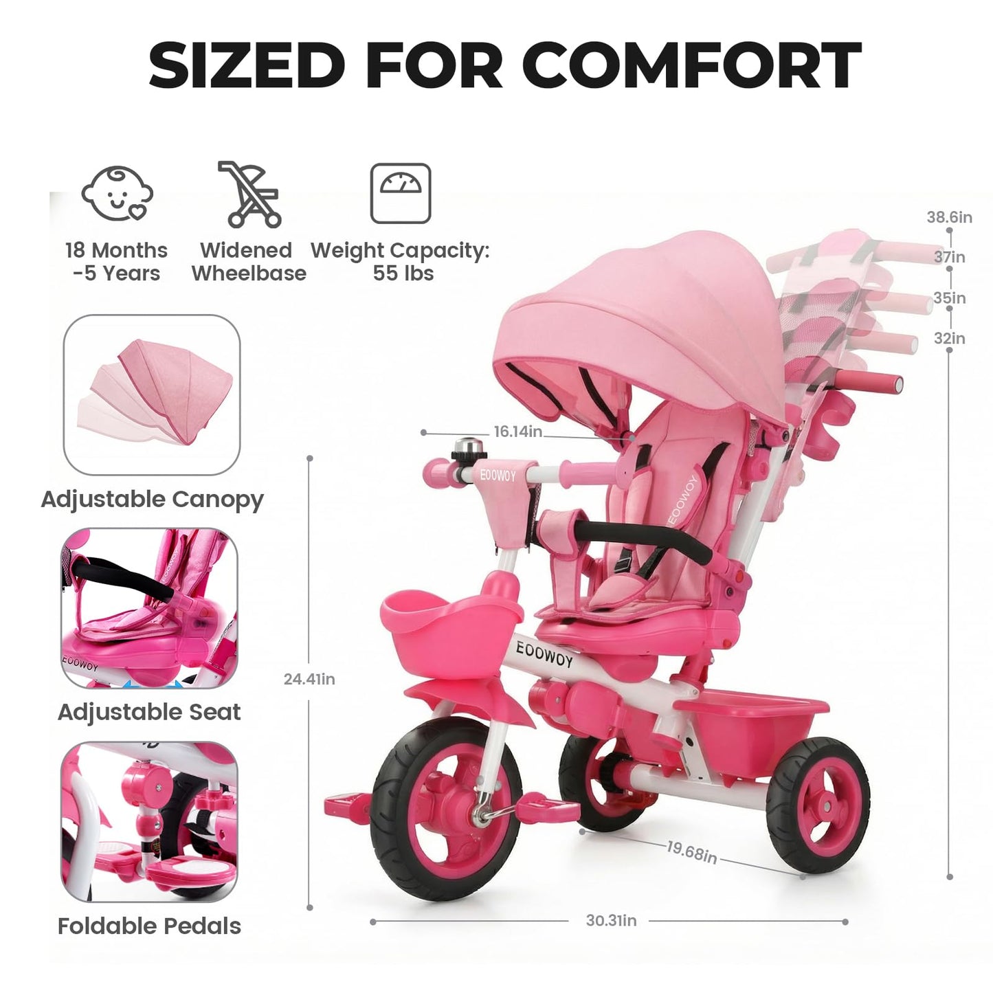 EOOWOY Toddler Tricycle with Push Handle, 7 in 1 Stroller Trike with 360° Swivel Seat, Reclining Backrest, All-Terrain Wheels, Dual Brakes, Canopy & Storage, Gift for Kids 18 Months to 5 Years, Pink