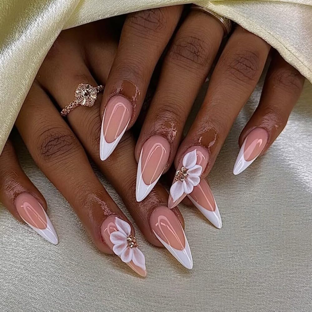 Stiletto Almond Press on Nails White French 3D Embossed Flower Fake Nails Medium Handmade Press on Nails Thick Acrylic and Muti-Layer Gel False Nails Stick on Nails DIY Art Decorate for Women (S)