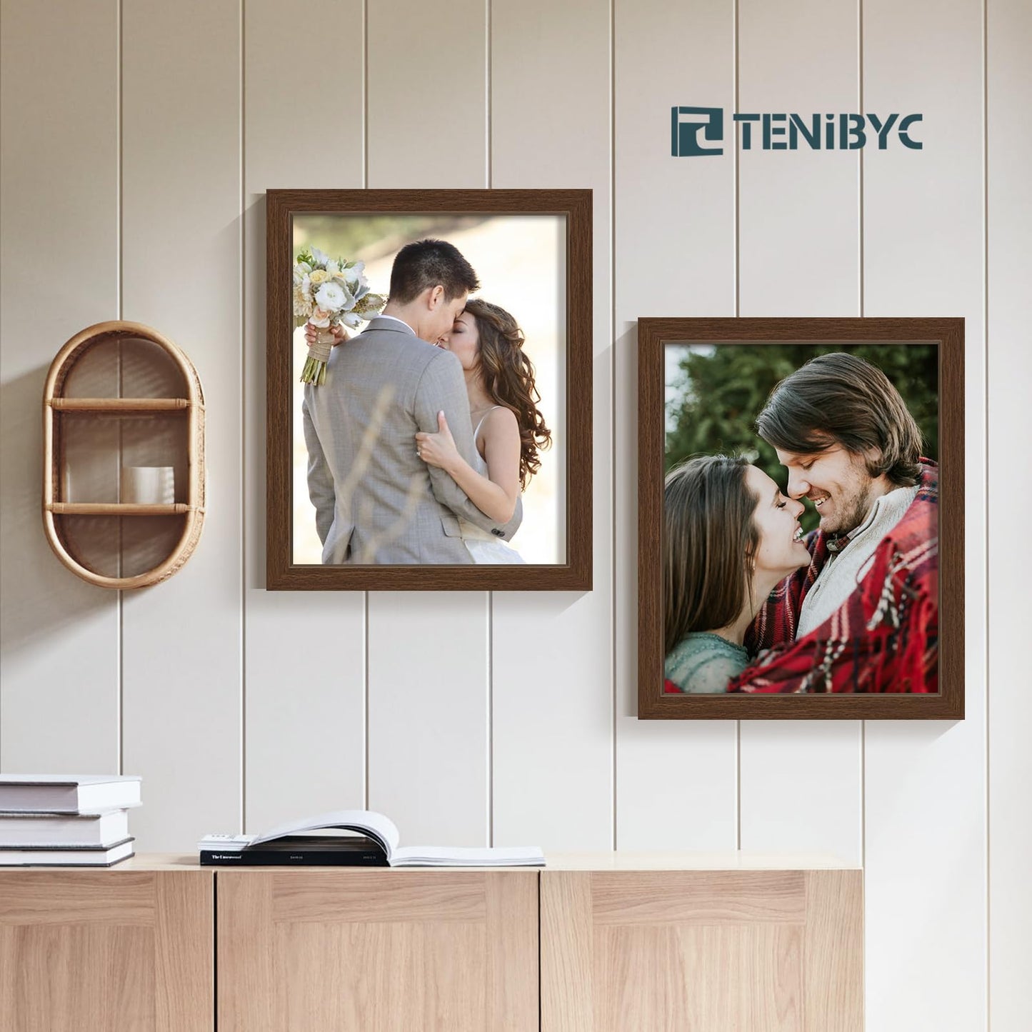 TENIBYC 11x14 Picture Frame Set - 4 Pack, Brown Wood Grain 11 x 14 Photo Frame, HD Tempered Glass, Wall Hanging, Gift for Friend