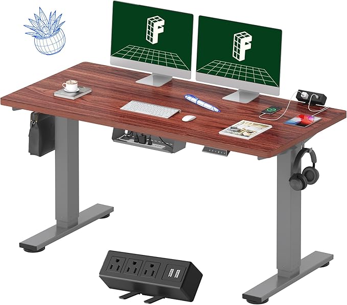 FLEXISPOT EN2 Whole-Piece Standing Desk with Clamp Power Strip, 55 x 28” Electric Stand Up Height Adjustable Desk with Cable Management (Gray Frame + 55" Mahogany Top, 2 Packages)