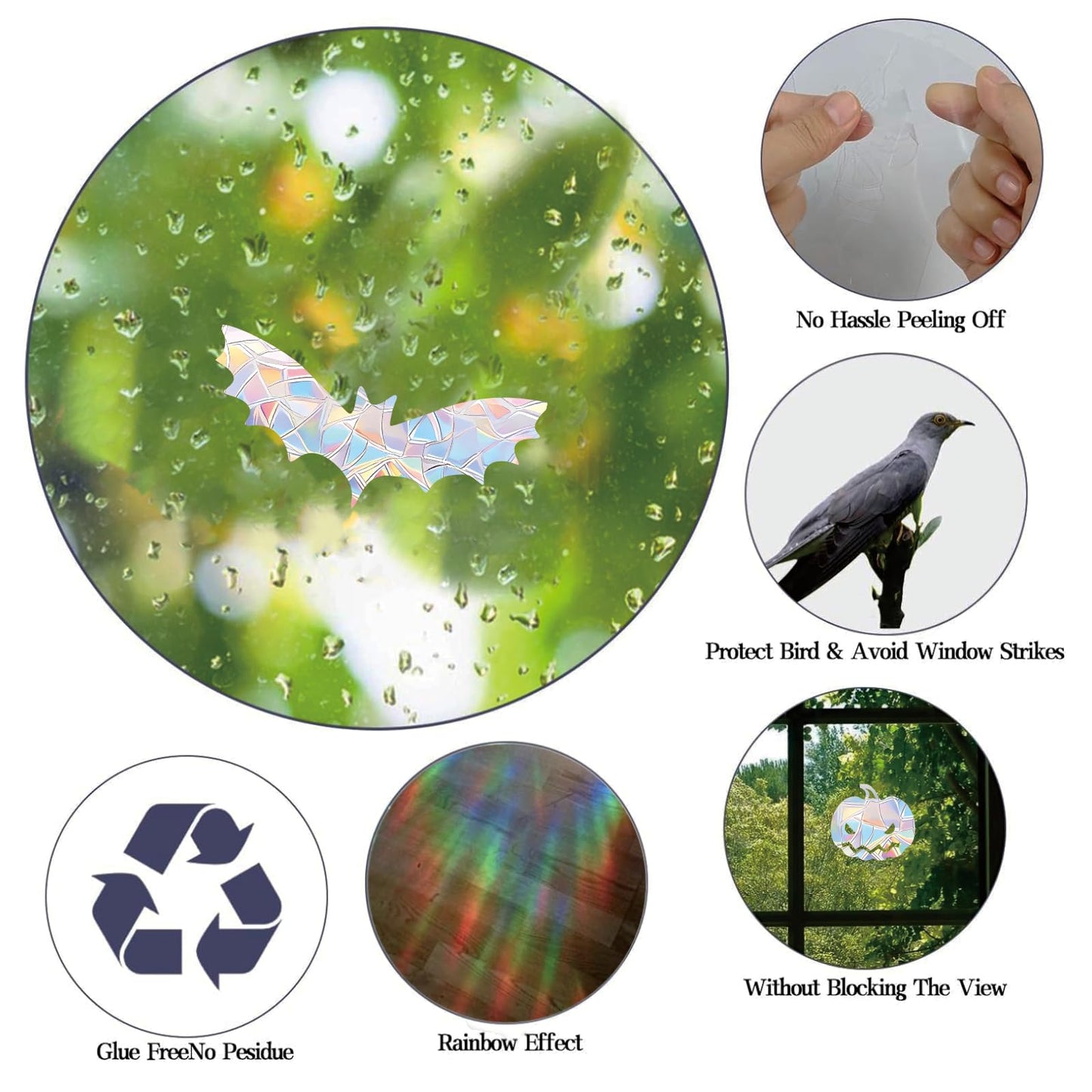 54PCS Halloween Bat Window Stickers Prevent Birds from Hitting Windows, Rainbow Sun Catcher Stickers No Glue Required, Non-Adhesive Reusable Vinyl Rainbow Stickers