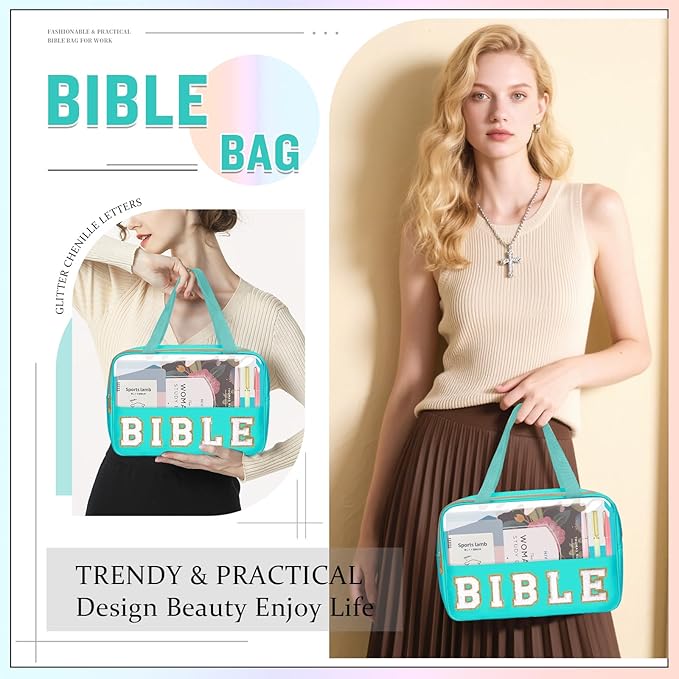 Chenille Letter Bible Bag Case for Girls,Large Study Supplies Church Bag Cover Purse Fits All Bibles,Cute Preppy Christian Tote with Handle Zipper Bible Accessories Gifts for Women(BIBLE-Green)