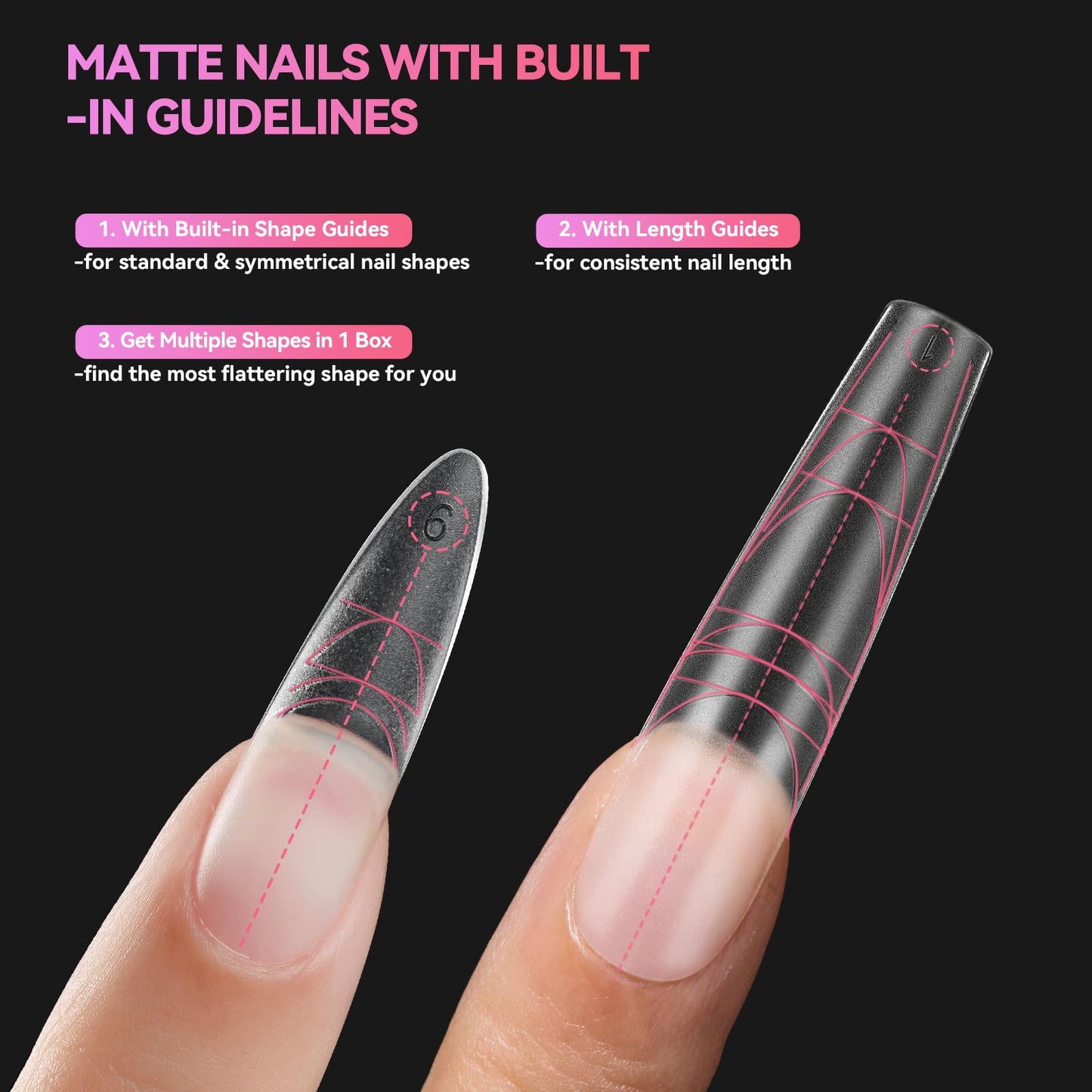 Makartt Long Almond & XL Tapered Square Nail Tips with Built-In Shaping Guides: 2 Shapes in 1 Box-15 Sizes, Pre-Etched Matte Inside False Nails for Nail Extension DIY, Salon Manicure Supplies 420pcs