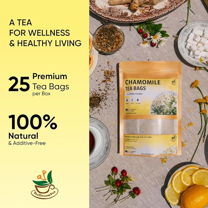 Chamomile Tea Bags - 25 Bags (Premium Natural Pure Leaf Tea - 25 Count) Gluten-Free and Caffeine-Free Herbal tea for Relaxation, Wallness, Immune Support with Smooth Taste