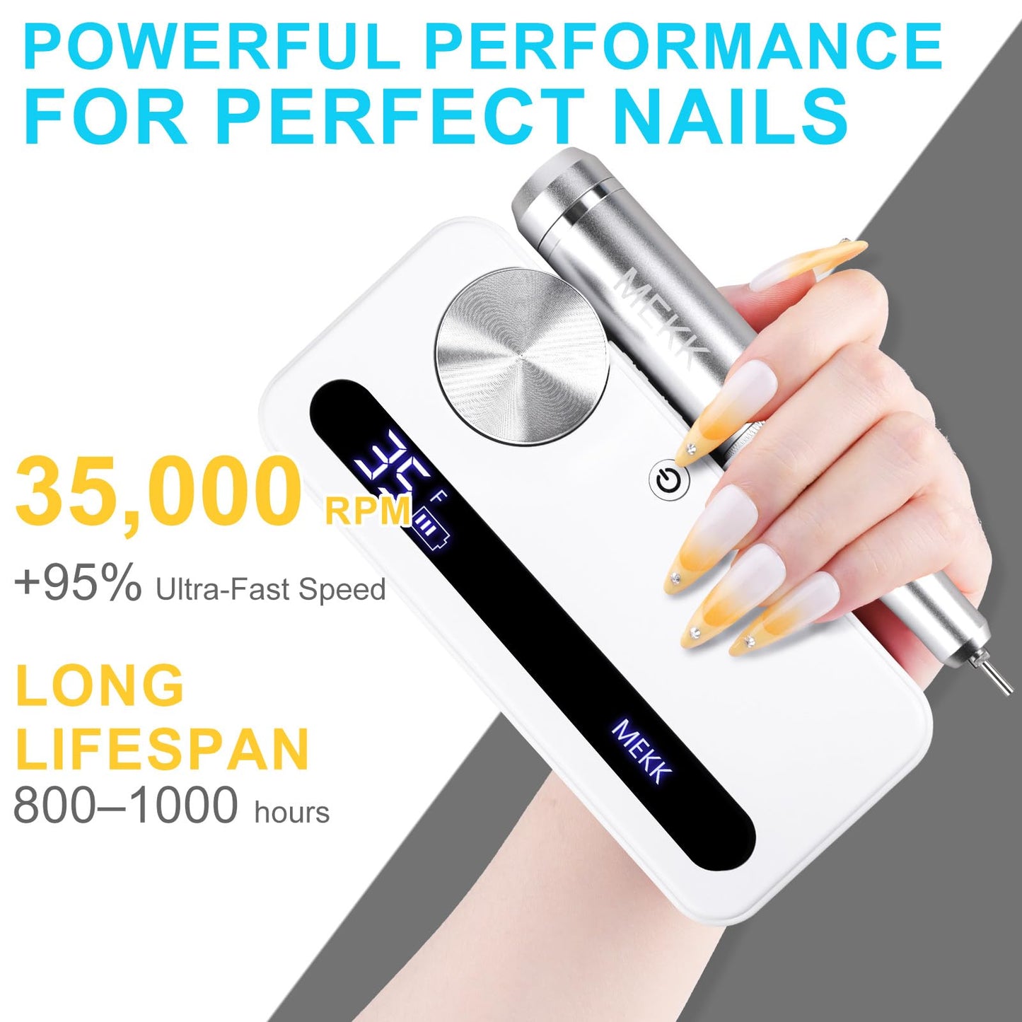 MEKK Nail Drill Kit,35000RPM Electric Nail Drill Professional Electric Nail File with 12PCS Bits,Anti-Shaking Cordless E Filer for Nails with LCD Display,Home & Salon (White)