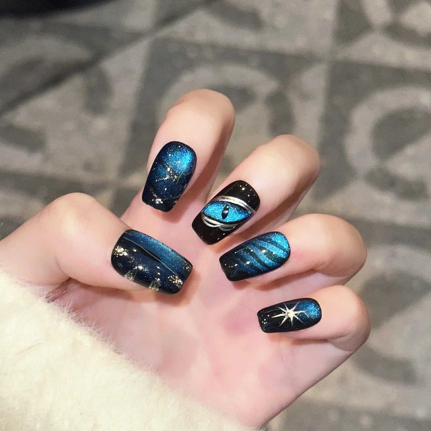 Handmade 3D Blue Black Glitter Square Press On Nails, Edgy Line Star Artisan Nails Set, Reusable Glossy Press-ons with Tool Kit (S)
