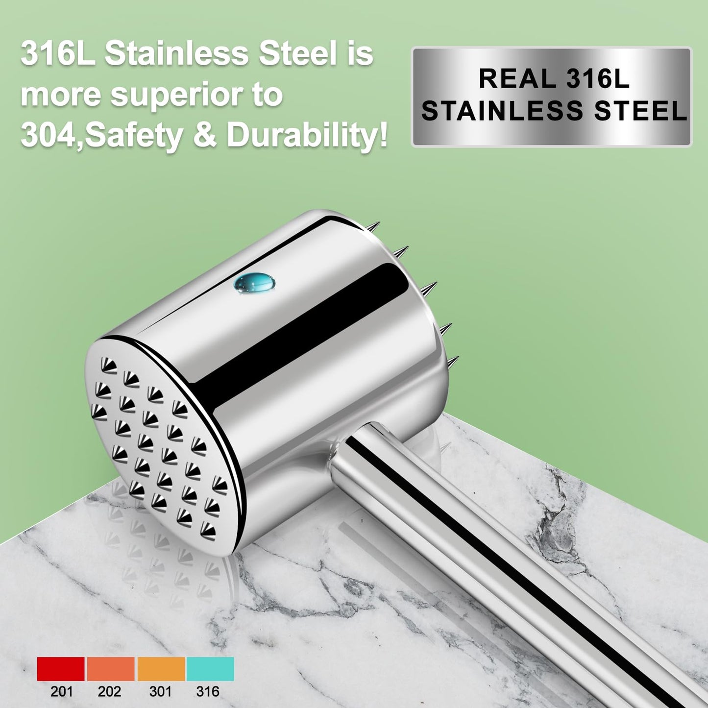 2-in-1 Real 316L Stainless Steel Meat Tenderizer Mallet Hammer, Professional Meat Pounder with 19 Sharp Needle Spikes, Dual-Sided Heavy Duty 1.09lb Versatile Kitchen Tool,Solid & Dishwasher Safe