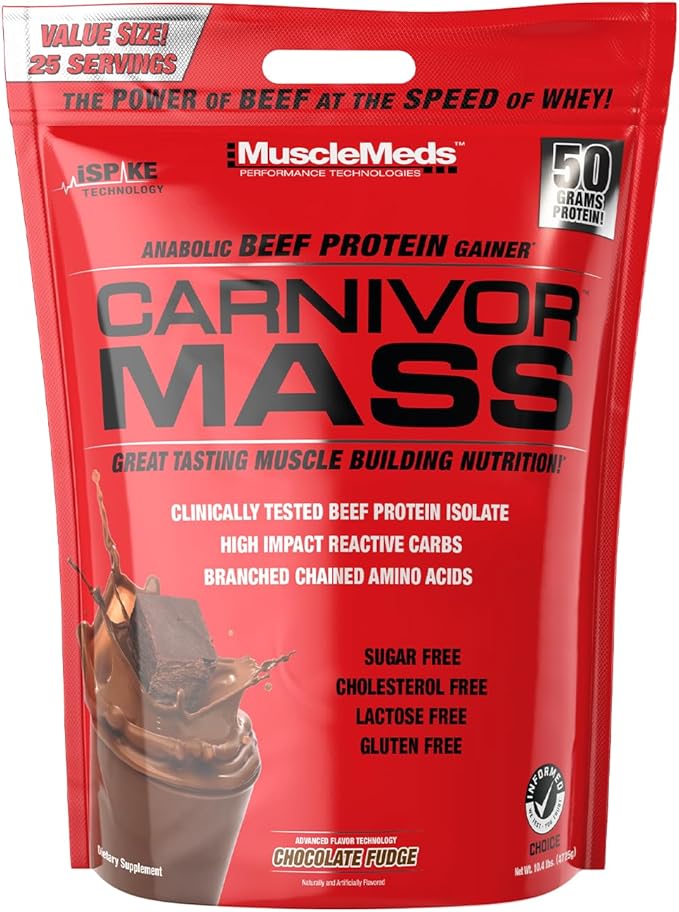 MuscleMeds Carnivor Mass Anabolic Beef Protein Gainer, Chocolate Fudge, 10.4 Pounds,Brown,003679