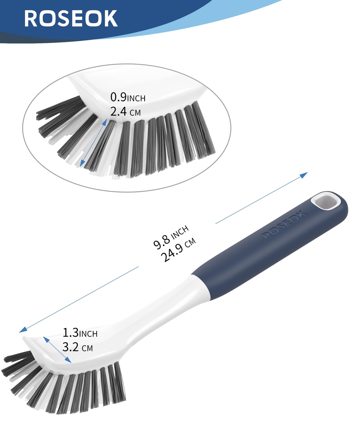 ROSEOK Dish Brush with Built-in Scraper,Kitchen Scrub Brush for Cleaning Dishes,Pots,Non-Stick Pans and Sinks,Navy Blue,2 Pack