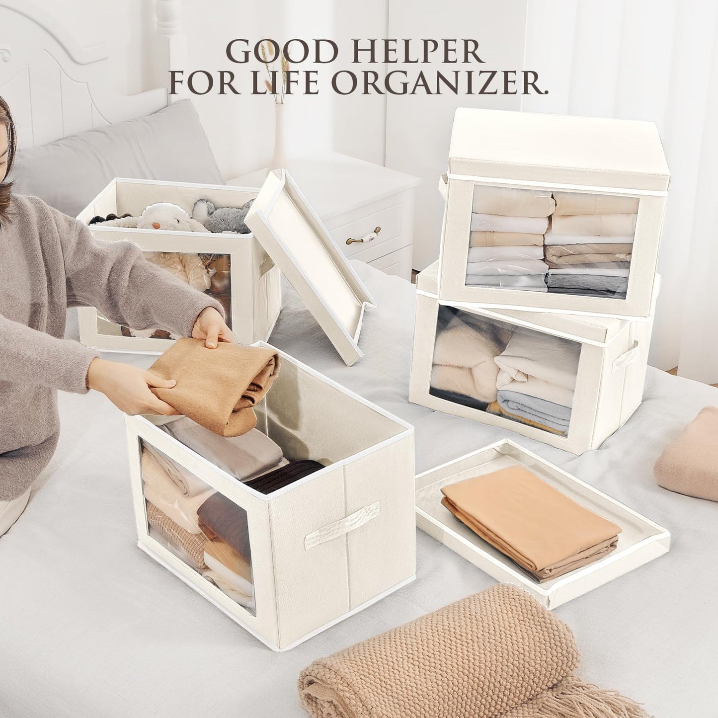 Homsorout Storage Bins with Lids, 4 Pack Large Storage Cubes with Window, Closet Bins with Lids & Handles, Fabric Box for Organizing Clothes, Towels, Books, Beige