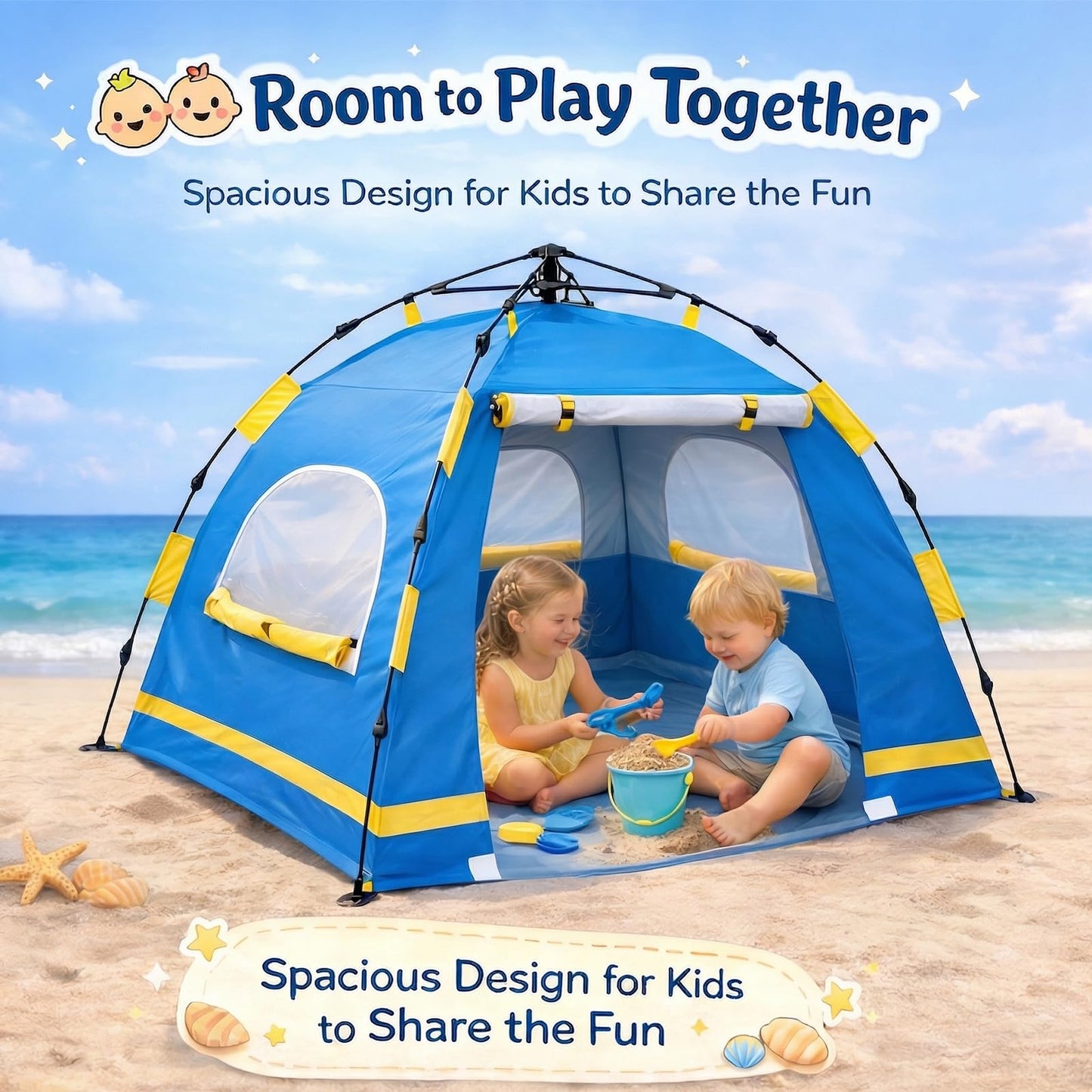 Baby Beach Tent Pop Up Sun Shelter with UPF 50+ UV Protection, Silver-Coated Interior, Breathable Mesh Ventilation, Easy Setup, Wind-Stable Beach Shade for Infants & Toddlers