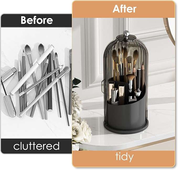 Makeup Brush Holder with Lid 360 Rotating Clear Dustproof Make Up Organizers for Vanity Bathroom Countertop, Black