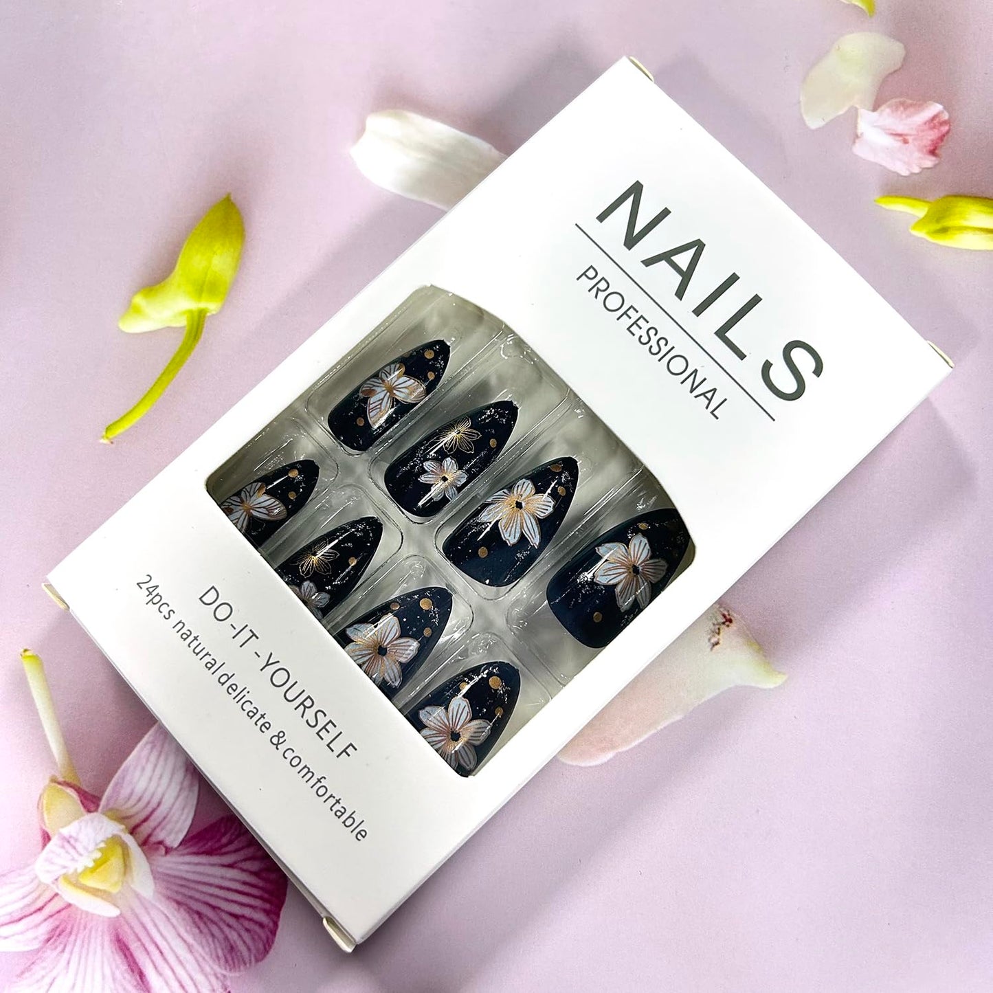 Flower Black Press on Nails Medium Artificial Acrylic False Nails Metal Butterfly with Stick on Nail Full Cover Rhinestones Almond Reusable Coffin Artificial Floral Fingernails for Women Manicure