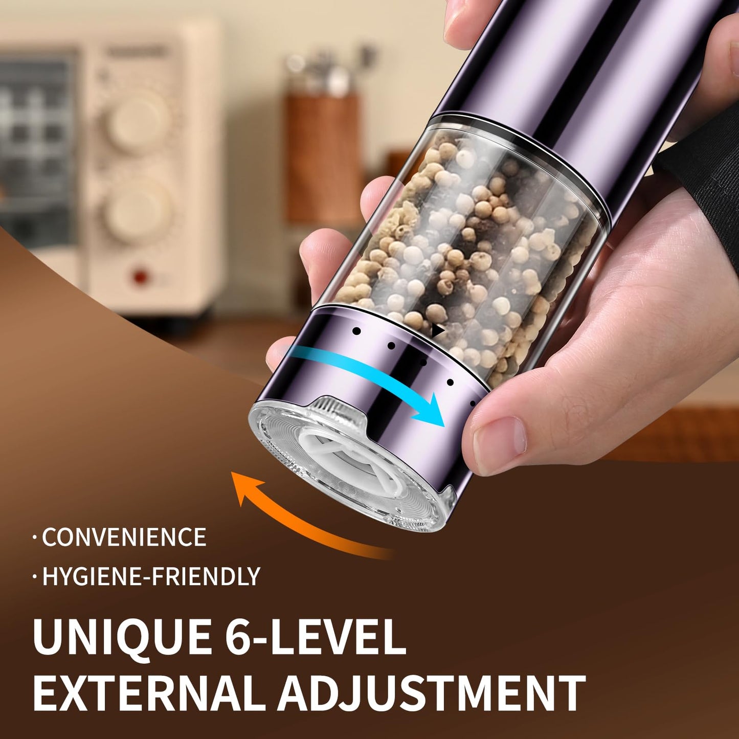 JASUNMI Rechargeable Salt & Pepper Grinder Set - Electric Automatic Grinder, Adjustable Coarseness, LED Light, One-Hand Operation, Stainless Steel & Acrylic, USB Charging, Purple (Set of 2)