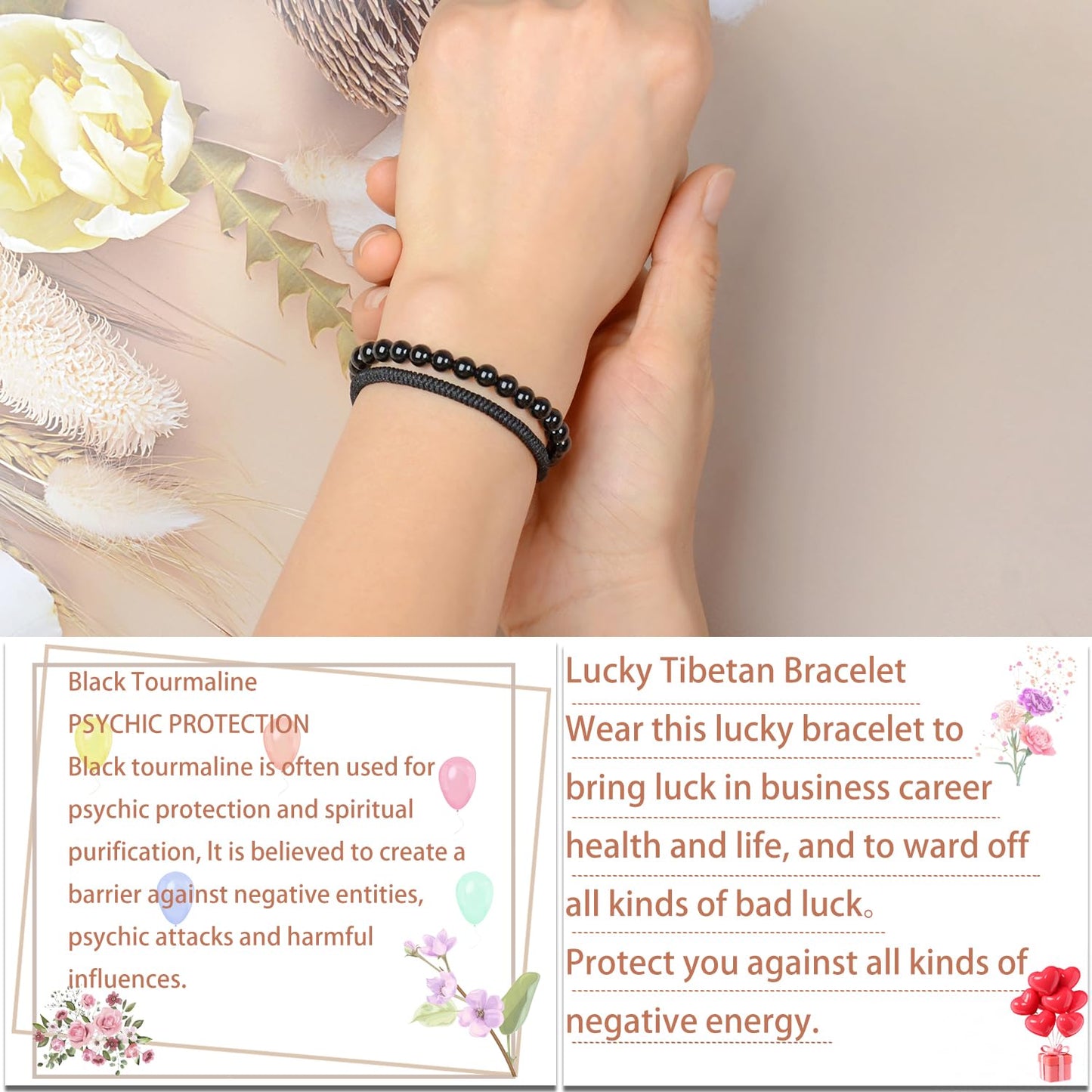 LPBeads 6mm Black Tourmaline Bracelet with Handmade Rope Bracelet Size Adjustable Natural Stone Crystal Healing Bracelets Gifts for Unisex Adults
