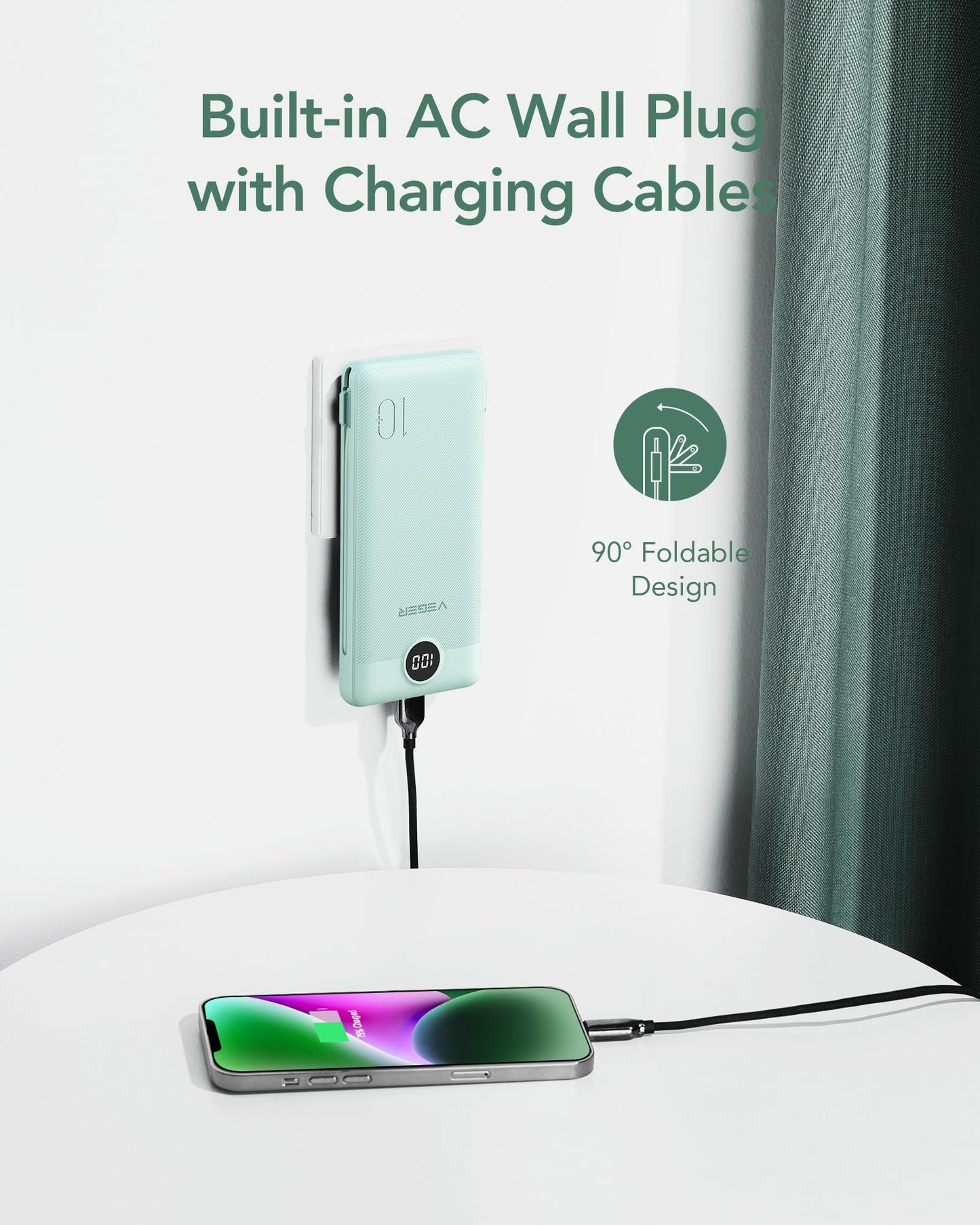 VEGER Portable Charger with Built-in AC Plug and Cables, All in One 10000mAh Ultra Slim Power Bank Travel Essentials, Fast Charging Battery Pack Compatible with iPhone, Samsung, Android (Green)