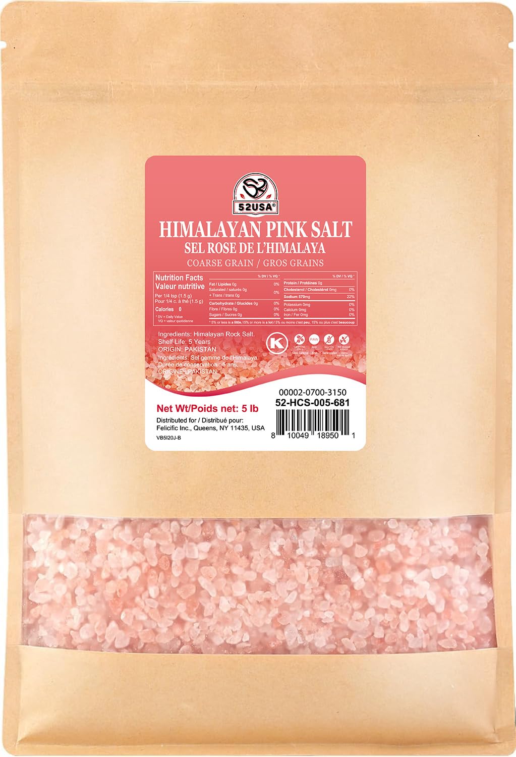 52USA Himalayan Pink Salt, Coarse Grain, 80 oz (5 Pound), Pink Himalayan Sea Salt, Sea Salt for Grinder Refill, Kosher Salt