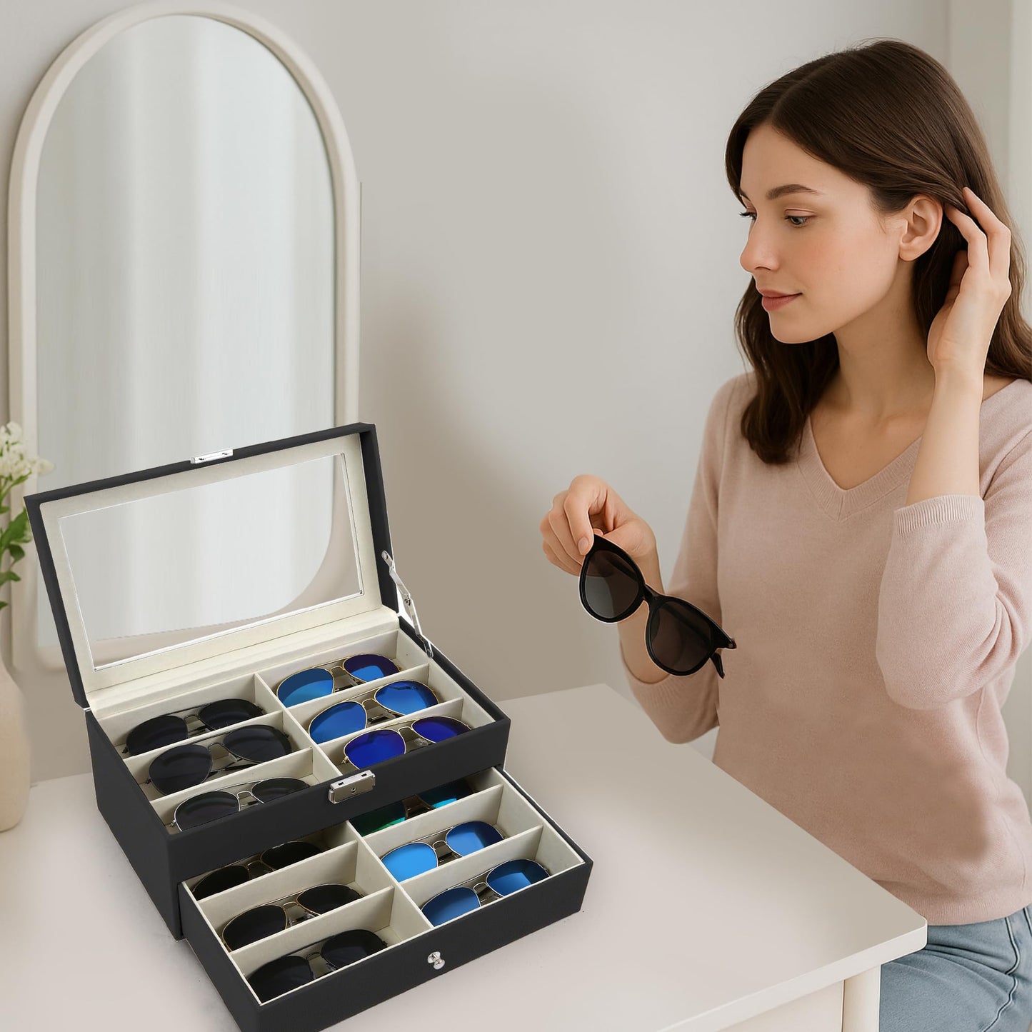 Homeanda 2-Layer Sunglasses Case - 12 Slots Hard Shell Eyeglasses Storage Box PU Leather Organizer, Protective Glasses Organizer Christmas Gift for Men and Women(Black)