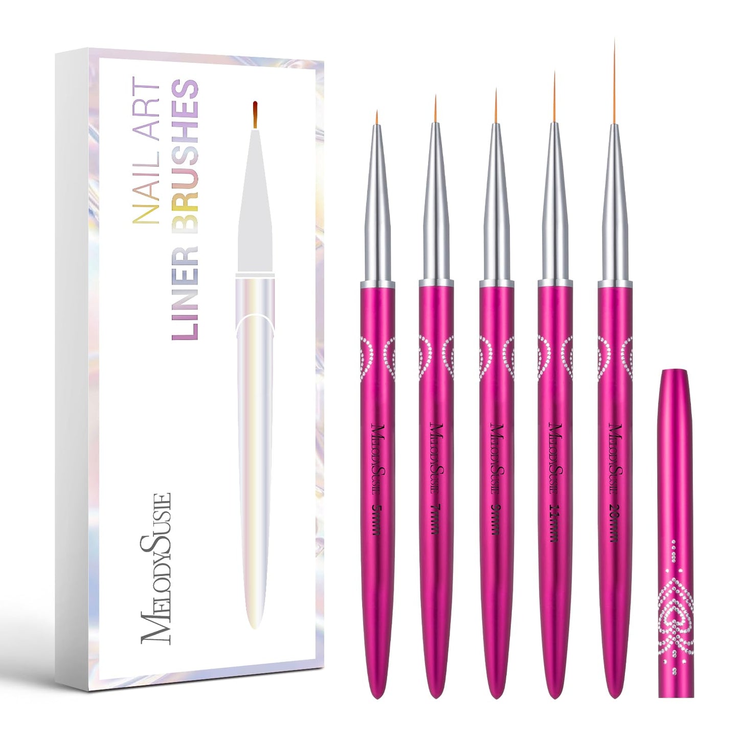 MelodySusie Nail Art Liner Brushes 5Pcs Professional Gel Polish Painting Art Design Pen Set for Thin Long Lines, Tiny Details, Fine Drawing, Delicate Coloring,Sizes 5/7/9/11/20mm
