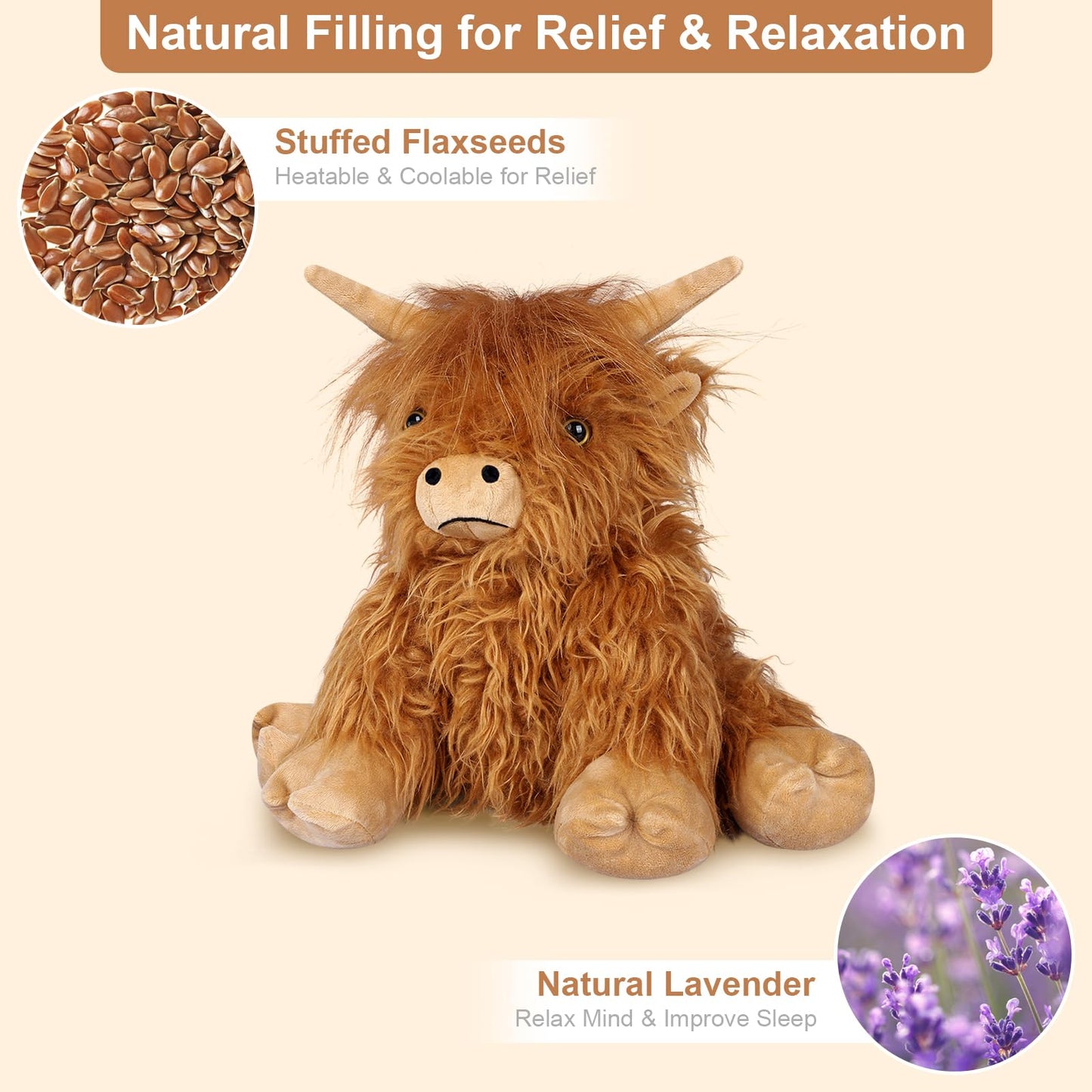 SuzziPals 2Pcs Heatable & Coolable Highland Cow Stuffed Animal Plushie, Microwavable Heating Pad for Soothing & Relaxation, Lavender Scented Cattle Plush Toys for Stress Relief, Stuffed Cow Gifts