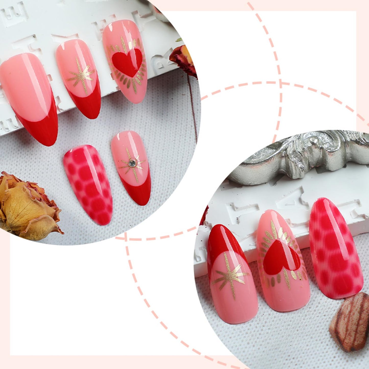 French Red Valentines Press on Nails Medium Almond Artificial Acrylic Fingernails Leopard Print with Red Love Metal Lines Full Cover Glossy Glue on Nails Press Ons Nail for Women Festival Manicure