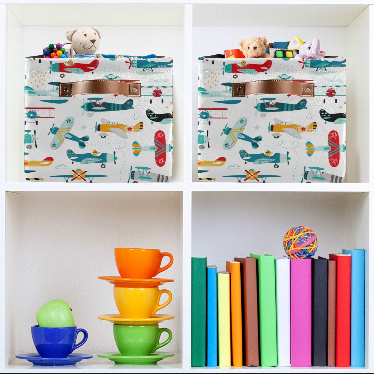 Storage Basket Cube Cartoon Airplane Helicopter Large Collapsible Toys Storage Box Bin Laundry Organizer for Closet Shelf Nursery Kids Bedroom,15x11x9.5 in,2 Pack