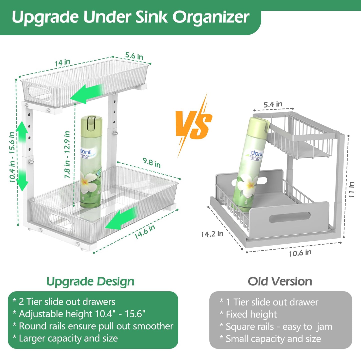 ADRIMER Under Sink Organizer 2 Packs, Pull Out Kitchen Sink Organizer, 2 Tier Slide Out Kitchen Organizers and Storage Bathroom Under Cabinet Storage Shelf, Transparent & White