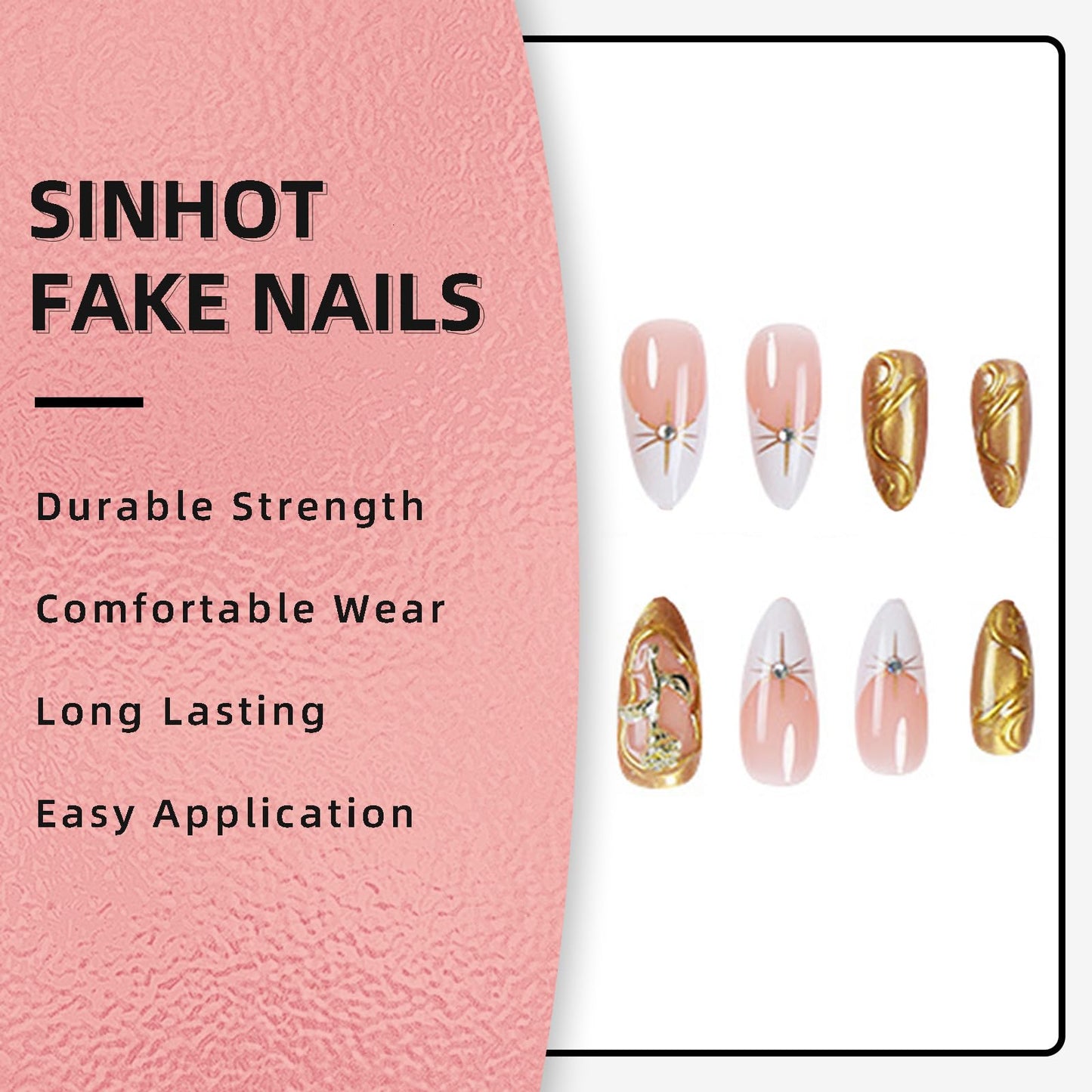SINHOT Almond Press on Nails Medium Fake Nails Glossy Glue on Nails 3D Gold Rose Acrylic Nail Gold Chrome Stiletto Artificial Nail French Tip Stick on False Nail with Design 24 pcs